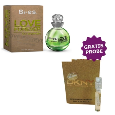 Bi-Es Love Forever Green 90 ml + Perfume Muestra Donna Karan Be Delicious