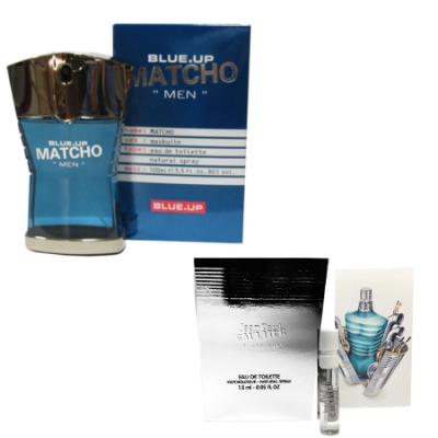Blue Up Matcho Men 100 ml + Perfume Muestra Jean Paul Gaultier Le Male