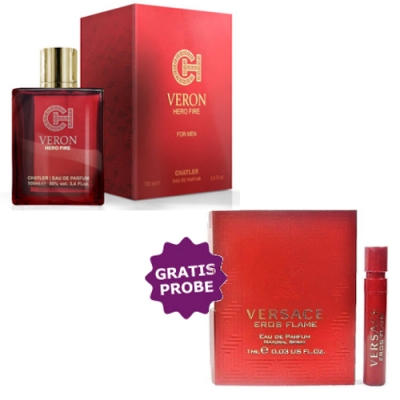 Chatler Veron Hero Fire 100 ml + Perfume Muestra Versace Eros Flame