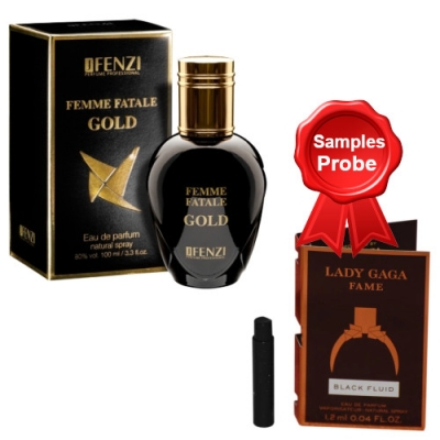 JFenzi Femme Fatale Gold 100 ml + Perfume Muestra Lady Gaga Fame