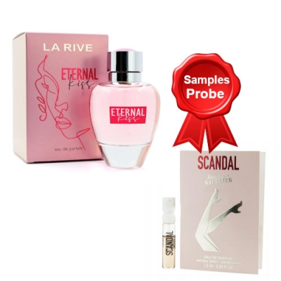 La Rive Eternal Kiss 90 ml + Perfume Muestra Jean Paul Gaultier Scandal