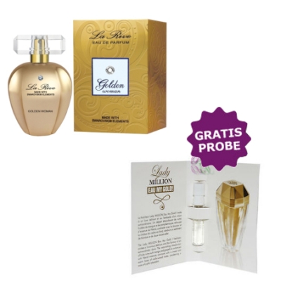 La Rive Golden Woman 75 ml + Perfume Muestra Paco Rabanne Lady Million Eau My Gold