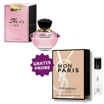 La Rive She Is Mine 90 ml + Perfume Muestra Yves Saint Laurent Mon Paris