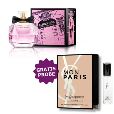 New Brand Fashionista 100 ml + Perfume Muestra Yves Saint Laurent Mon Paris
