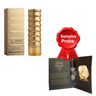New Brand Gold Women 100 ml + Perfume Muestra Paco Rabanne Lady Million